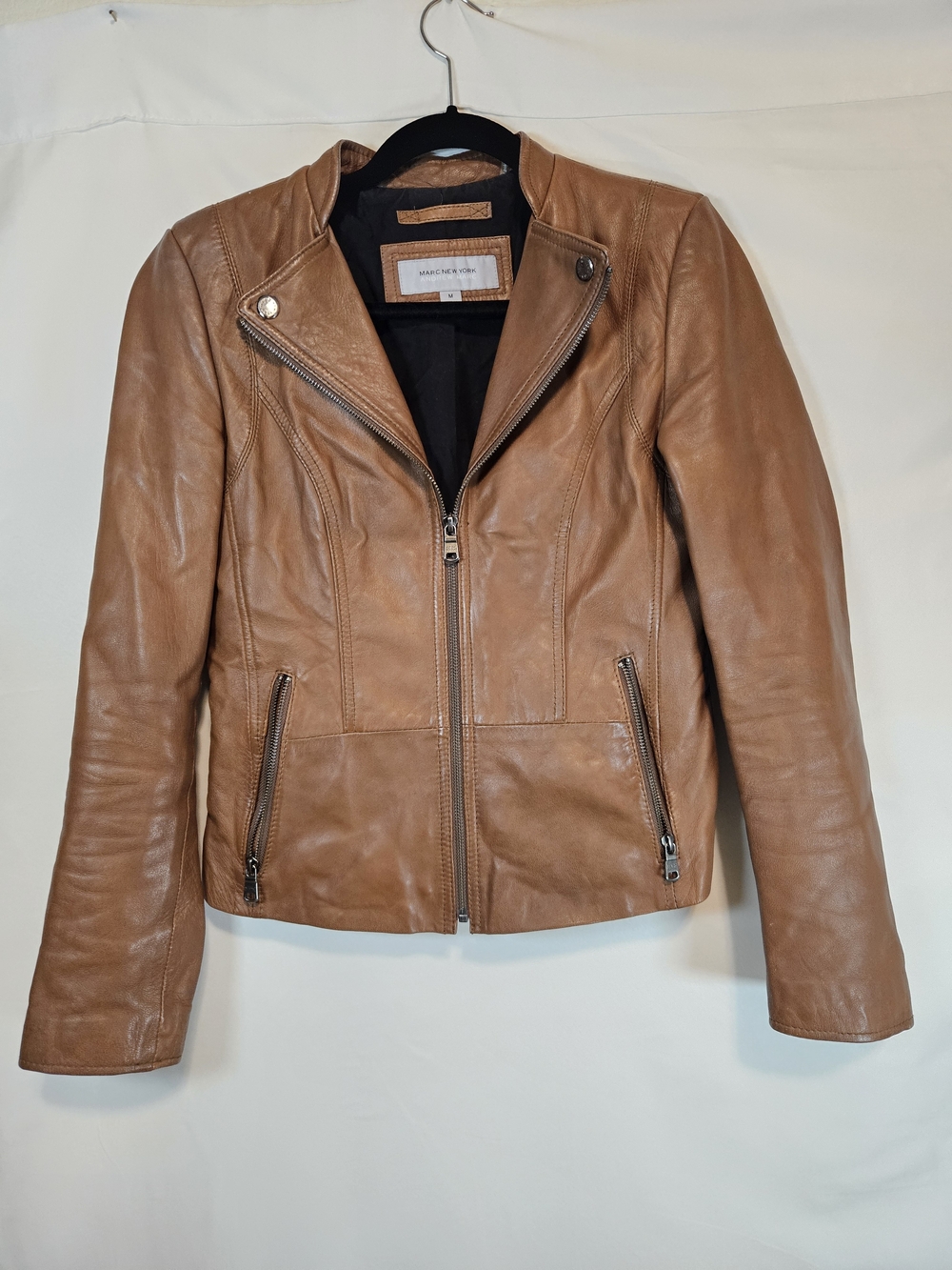 Marc New York Tan Leather Moto Biker Zip Jacket